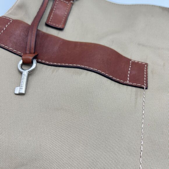 Fossil Tote 1954 Khaki Tan Twill Large Shoulder Bag Brown Leather Trim ZB9495 - Picture 5 of 12